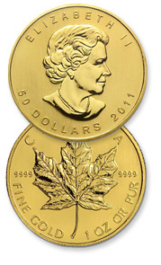 canadian gold maple leafs coin and gold coin with the face of the queen Elizabeth