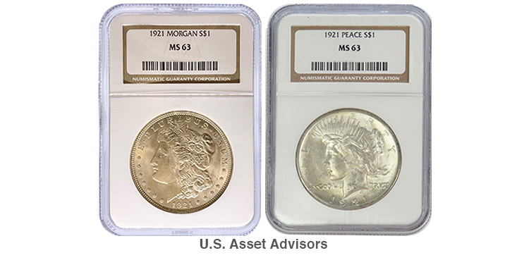 morgan silver dollar and peace silver coin