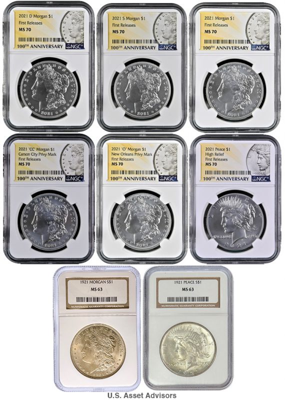 morgan silver dollar and peace coin collection in the packaging ready for sale