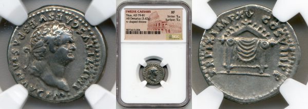 close up to two sides of ancient roman coins in the packaging