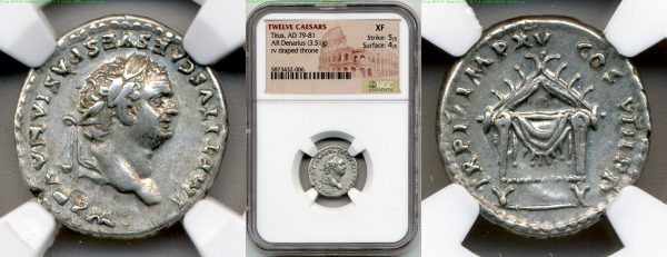 close up to two sides of ancient roman coins in the packaging
