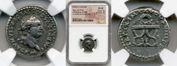 close up to two sides of ancient roman coins in the packaging