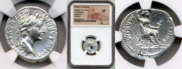close up to two sides of ancient roman coins in the packaging