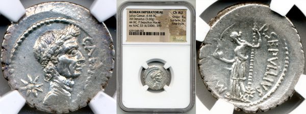 close up to two sides of ancient roman coins in the packaging