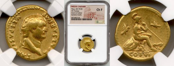 gold roman coins in the packaging close up