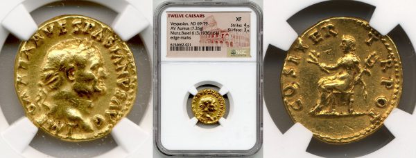 gold roman coins in the packaging close up