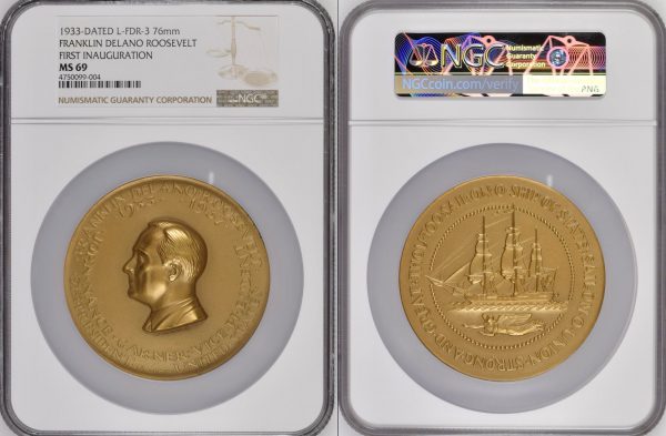 gold coin for sale with president roosevelt on the front and a ship on the back