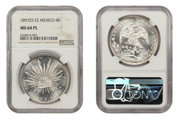 packaging with ancient mexican silver coin from rare coins collection