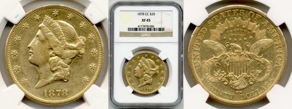 two sides of twenty dollar gold liberty head coin in the packaging