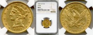 two sides of gold liberty head coin worth five dollars