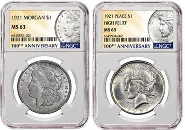 morgan silver dollar and peace silver dollar in the packaging