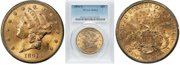 close up to two sides of twenty dollars gold liberty head coin