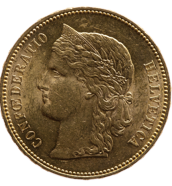 front of Swiss gold twenty francs coin from online rare coins collection