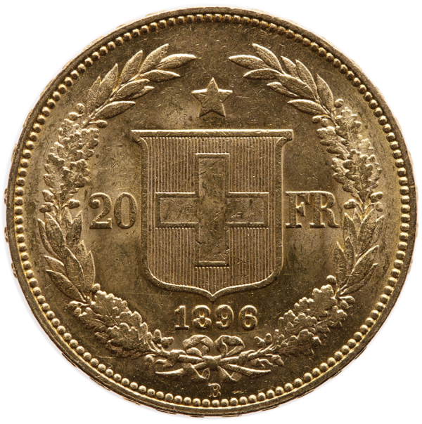 back of Swiss gold twenty francs coin from online rare coins collection