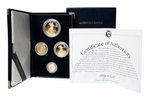 special packaging with liberty standing gold coin and certificate of authenticity