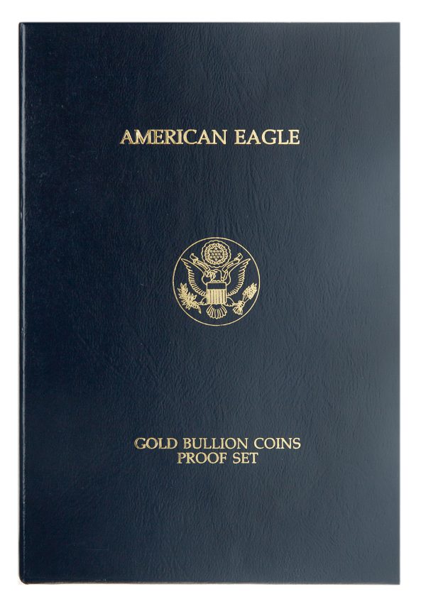 front of the packaging with gold american eagles coins