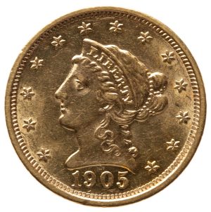 close up to front of gold liberty head coin worth two and half dollars