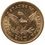 close up to back of gold liberty head coin worth two and half dollars