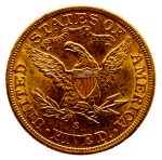 liberty head coin made of gold from the back worth five dollars
