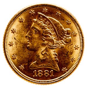 five dollar liberty head coin made of gold from the front