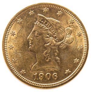 ten dollar gold liberty head coin close up to the front