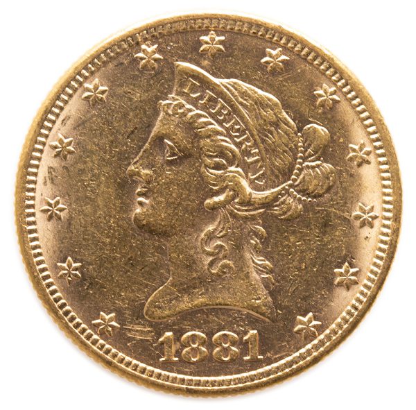 ten dollar gold liberty head coin close up to the front