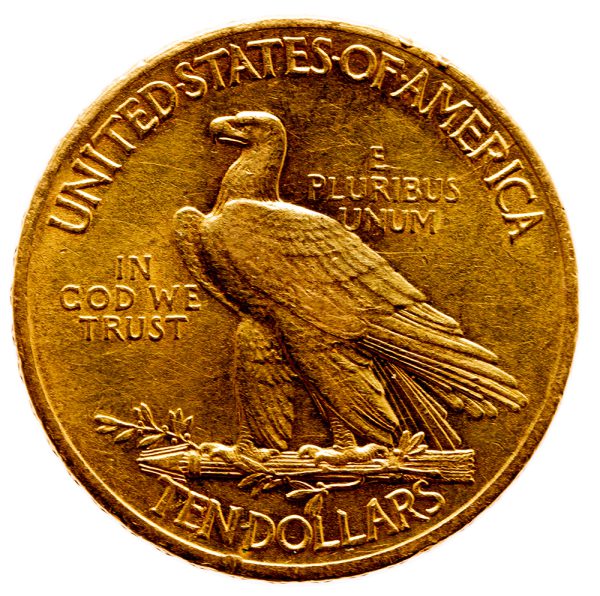 close up to back of gold ten dollar indian head coin