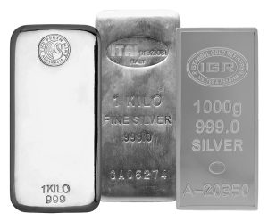 three examples of one kilo silver bars for online sale
