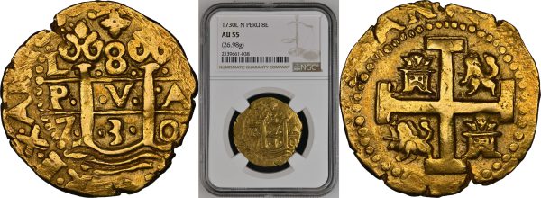 two sides of peruvian coin made of gold from rare coins collection