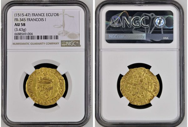 two sides of french coin made of gold from rare coins collection