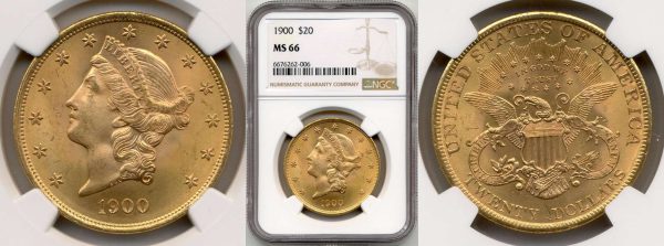 two sides of twenty dollars liberty head coin made of gold