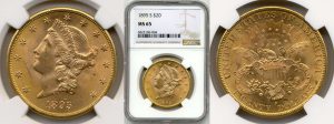 two sides of twenty dollars liberty head coin made of gold