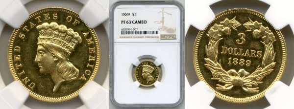 front and back of gold three dollar indian princess head coin