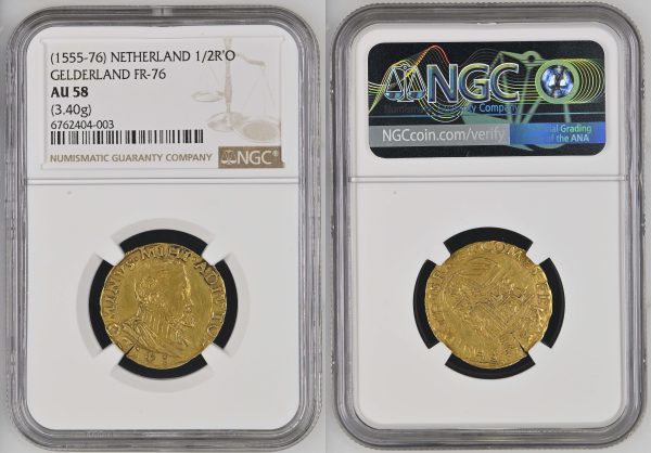 two sides of dutch gold coin in the packaging