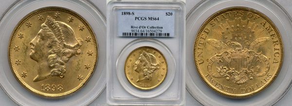close up to two sides of twenty dollar gold liberty head coin